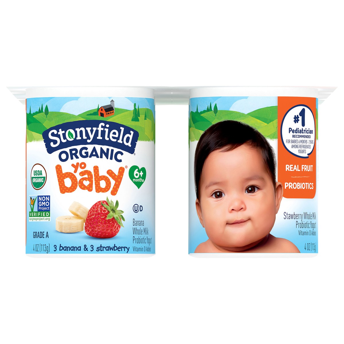 slide 1 of 10, Stonyfield Organic YoBaby Banana & Strawberry Whole Milk Baby Yogurt, 4 oz Cups, 6 ct Pack, 6 ct
