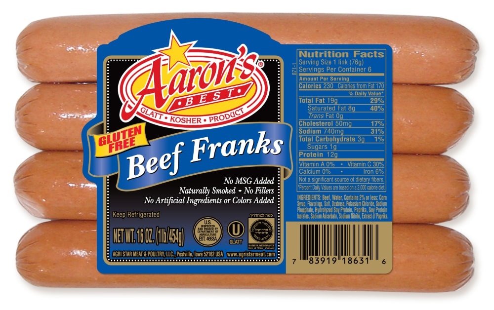 slide 1 of 1, Aaron's Best Beef Dinner Franks, 16 oz