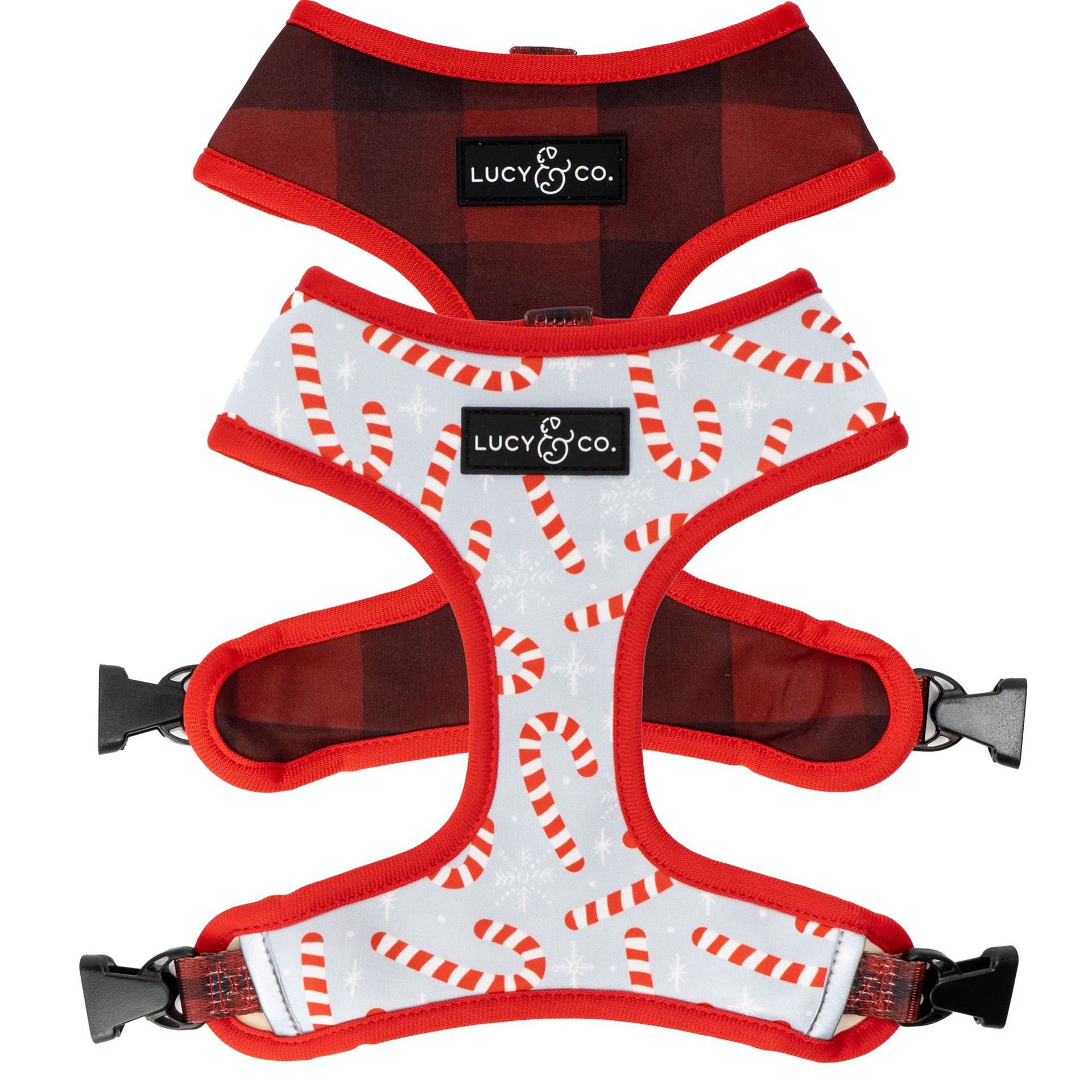 slide 1 of 1, Lucy & Co. Holiday Candy Cane Lane Reversible Dog Harness, LG