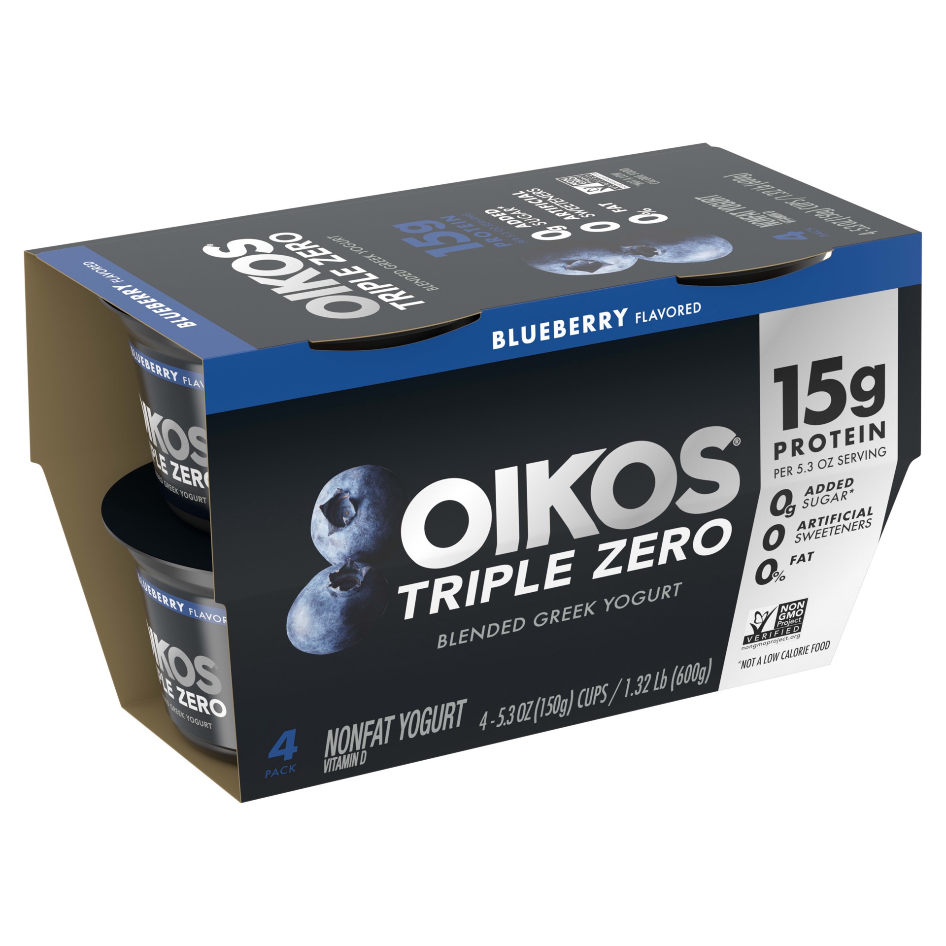 slide 3 of 5, Oikos Blueberry 15g Protein, 0g Added Sugar, Nonfat Greek Yogurt Pack, 4 Ct, 5.3 OZ Cups, 4 ct