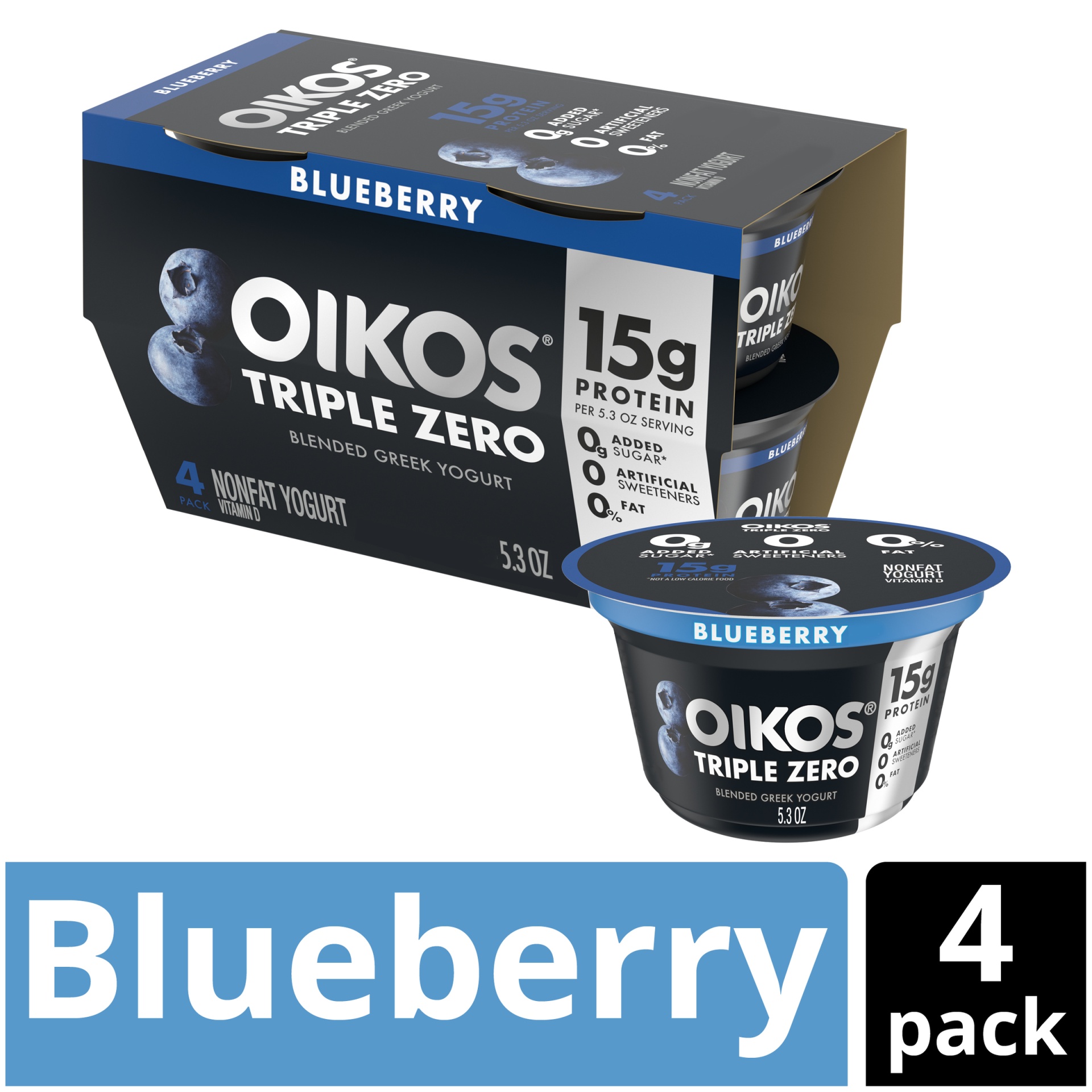 slide 1 of 1, Oikos Triple Zero Blueberry Greek Yogurt Cups, 5.3 oz