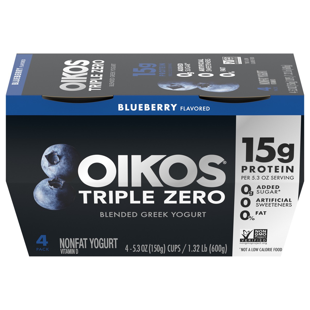 slide 1 of 5, Oikos Blueberry 15g Protein, 0g Added Sugar, Nonfat Greek Yogurt Pack, 4 Ct, 5.3 OZ Cups, 4 ct