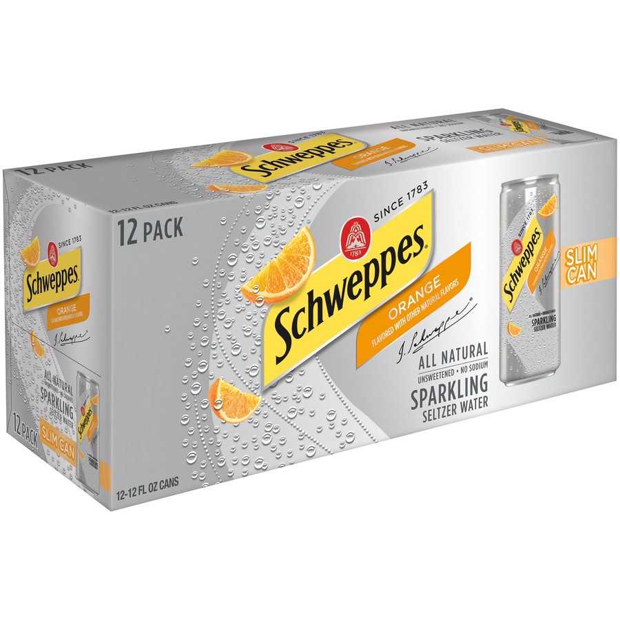 slide 2 of 4, Schweppes Orange Sparkling Seltzer Water, 12 fl oz slim cans, 12 pack, 12 ct