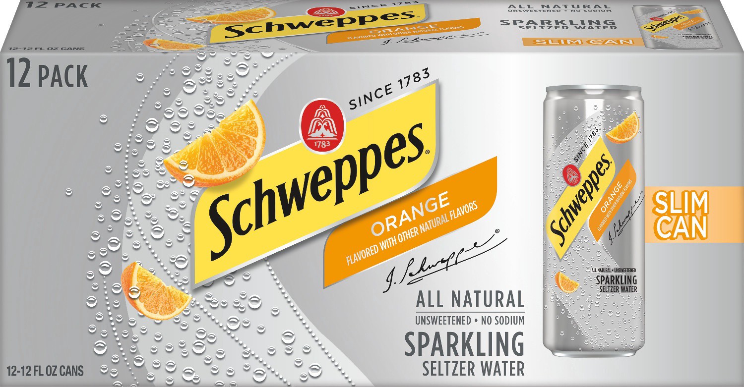 slide 1 of 4, Schweppes Orange Sparkling Seltzer Water, 12 fl oz slim cans, 12 pack, 12 ct