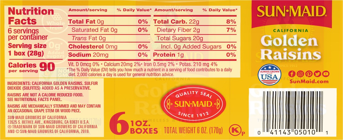 slide 5 of 9, Sun-Maid California Sun-Dried Raisins 6-Pack/1oz Cartons, 6 ct