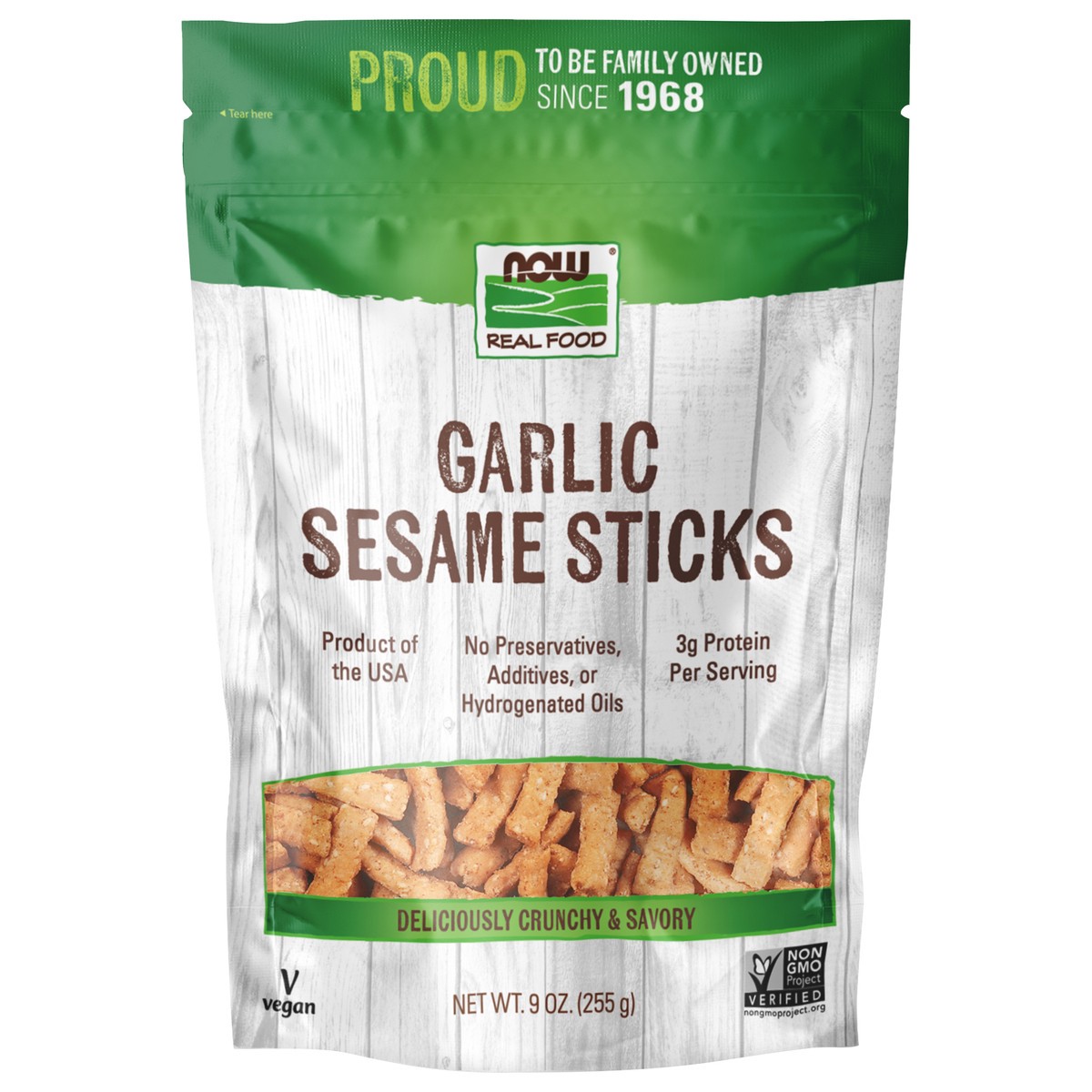 slide 1 of 3, NOW Real Food Garlic Sesame Sticks - 9 oz., 9 oz