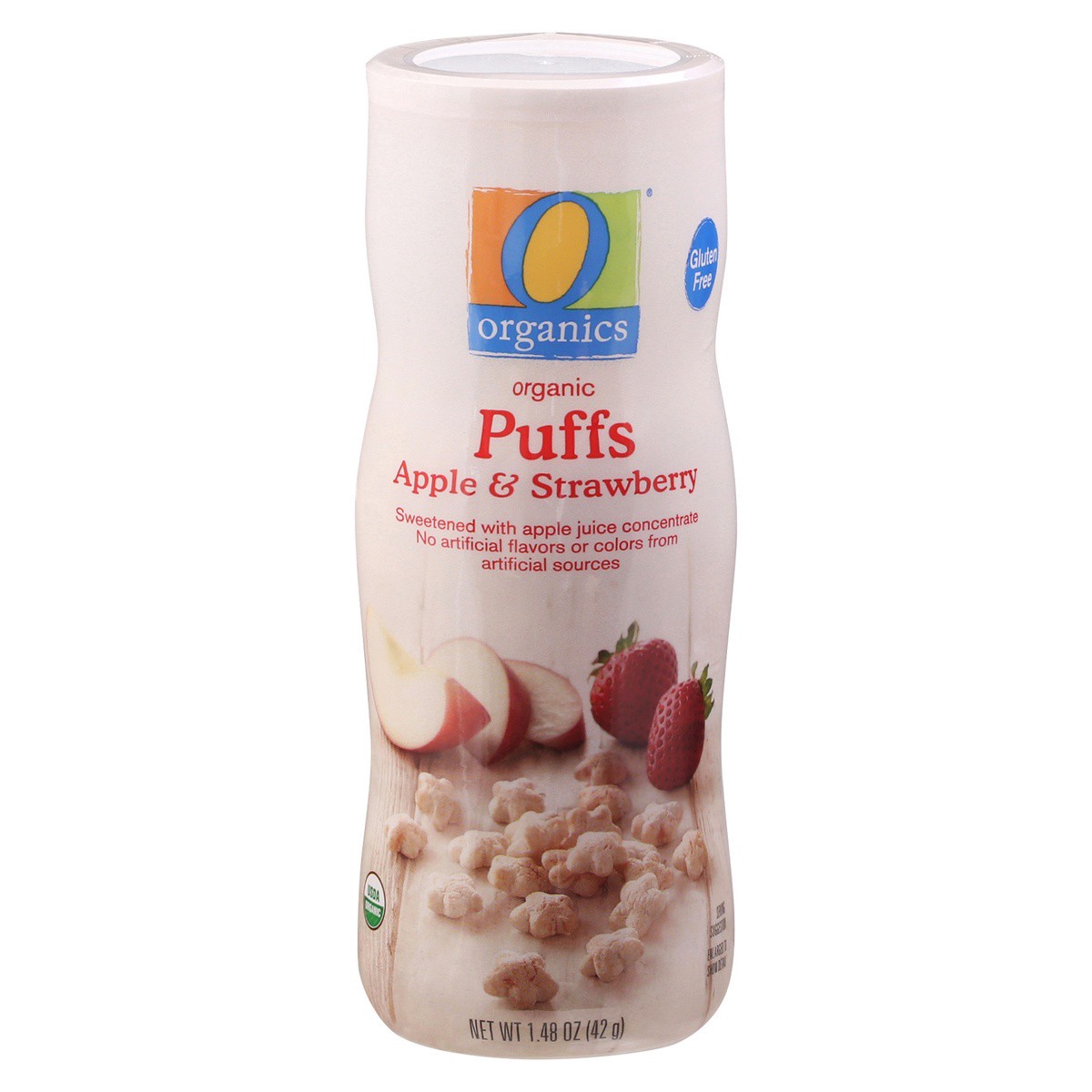 slide 1 of 9, O Organics Apple Strawberry Organic Puffs Sweetened with Apple Juice Concentrate, 1.48 oz