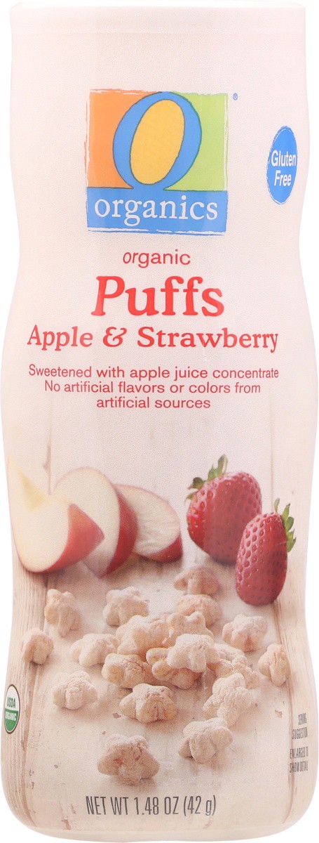 slide 6 of 9, O Organics Apple Strawberry Organic Puffs Sweetened with Apple Juice Concentrate, 1.48 oz