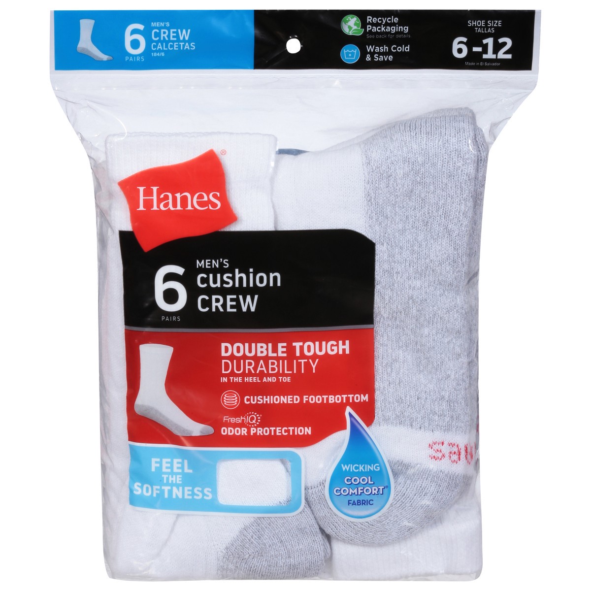 slide 1 of 9, Hanes Men's Size 6-12 Double Tough Cushion Crew Socks 6 pr, 6 ct