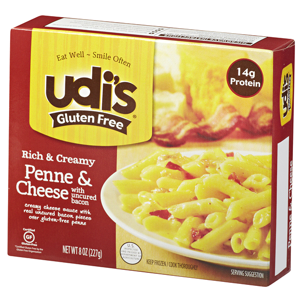 slide 1 of 1, Udi's Entree Gluten Free Penne & Cheese with Bacon, 8 oz