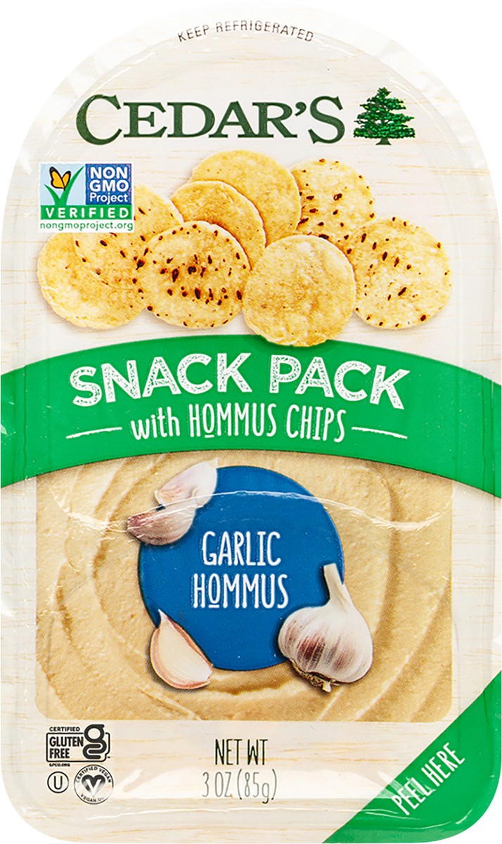 slide 2 of 2, Cedar's Garlic Hummus with Chips Snack Pack, 3 oz