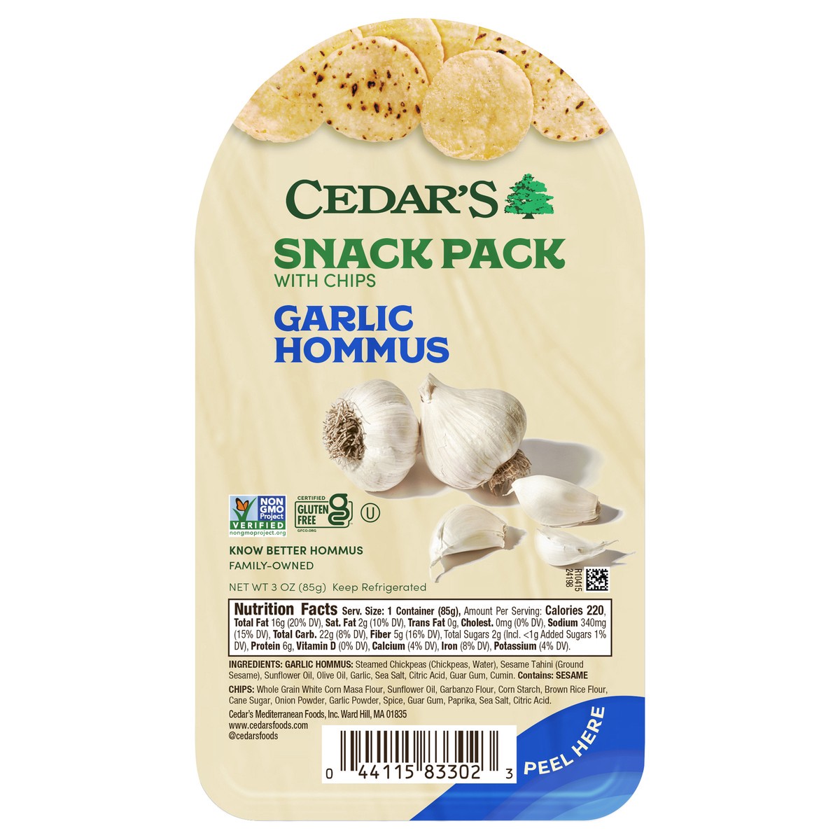 slide 1 of 2, Cedar's Garlic Hummus with Chips Snack Pack, 3 oz