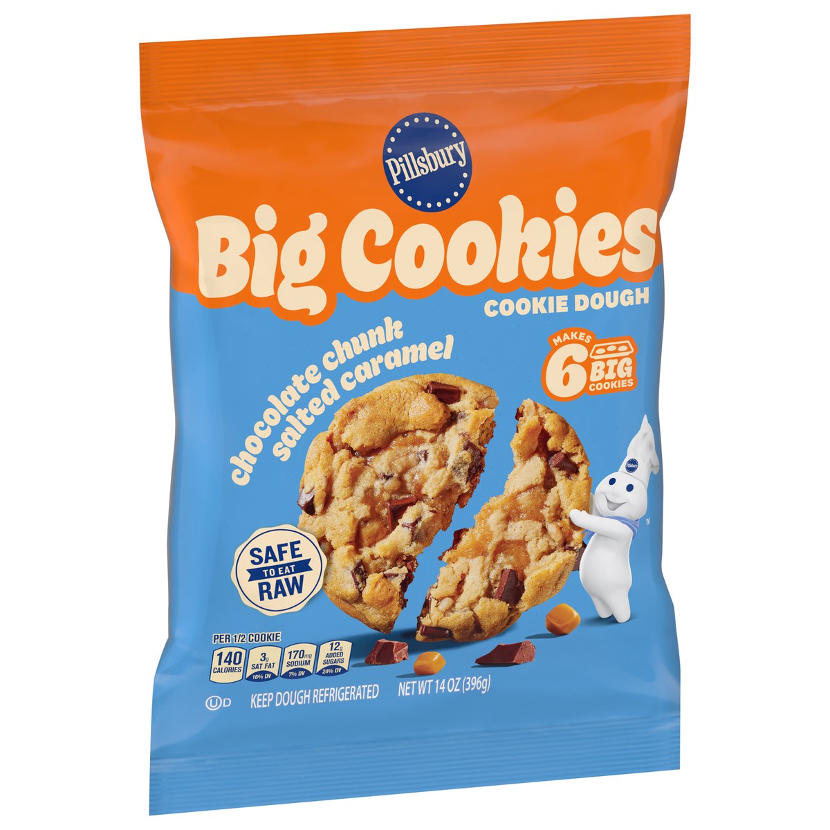 slide 10 of 15, Pillsbury Ready to Bake! Big Cookies Chocolate Chunk Salted Caramel Cookie Dough, 6 Count, 14 oz, 14 oz