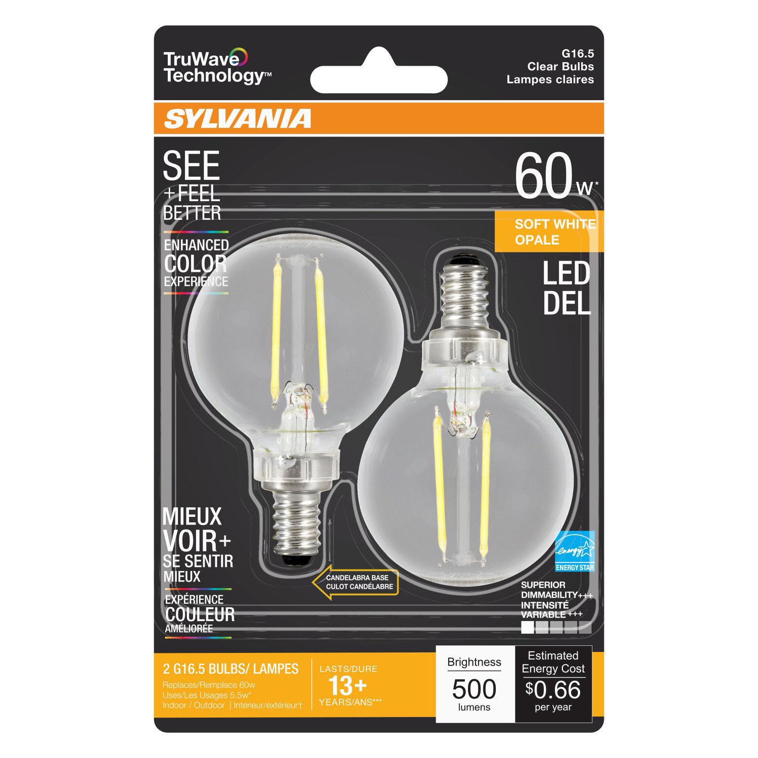 slide 1 of 1, Sylvania TruWave 60 Watt Soft White Clear LED Light Bulbs, 2 ct