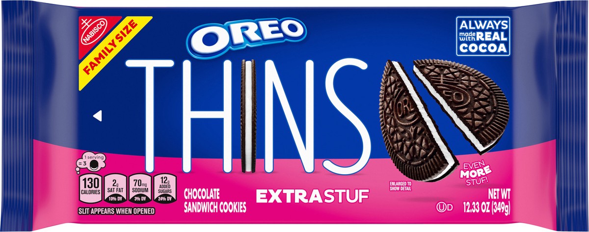 slide 12 of 14, OREO Thins Extra Stuf Chocolate Sandwich Cookies, Family Size- 12.33 oz, 12.3 oz