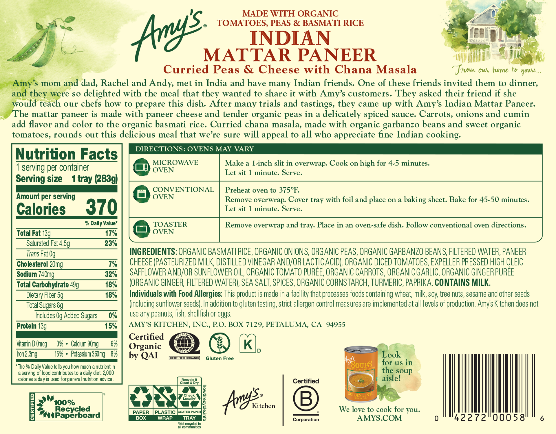 slide 2 of 7, Amy's Indian Mattar Paneer, 10 oz