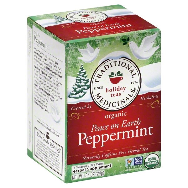 slide 1 of 1, Traditional Medicinals Herbal Tea, Peach On Earth Peppermint, Naturally Caffeine Free, Tea Bags - 16 ct, 16 ct