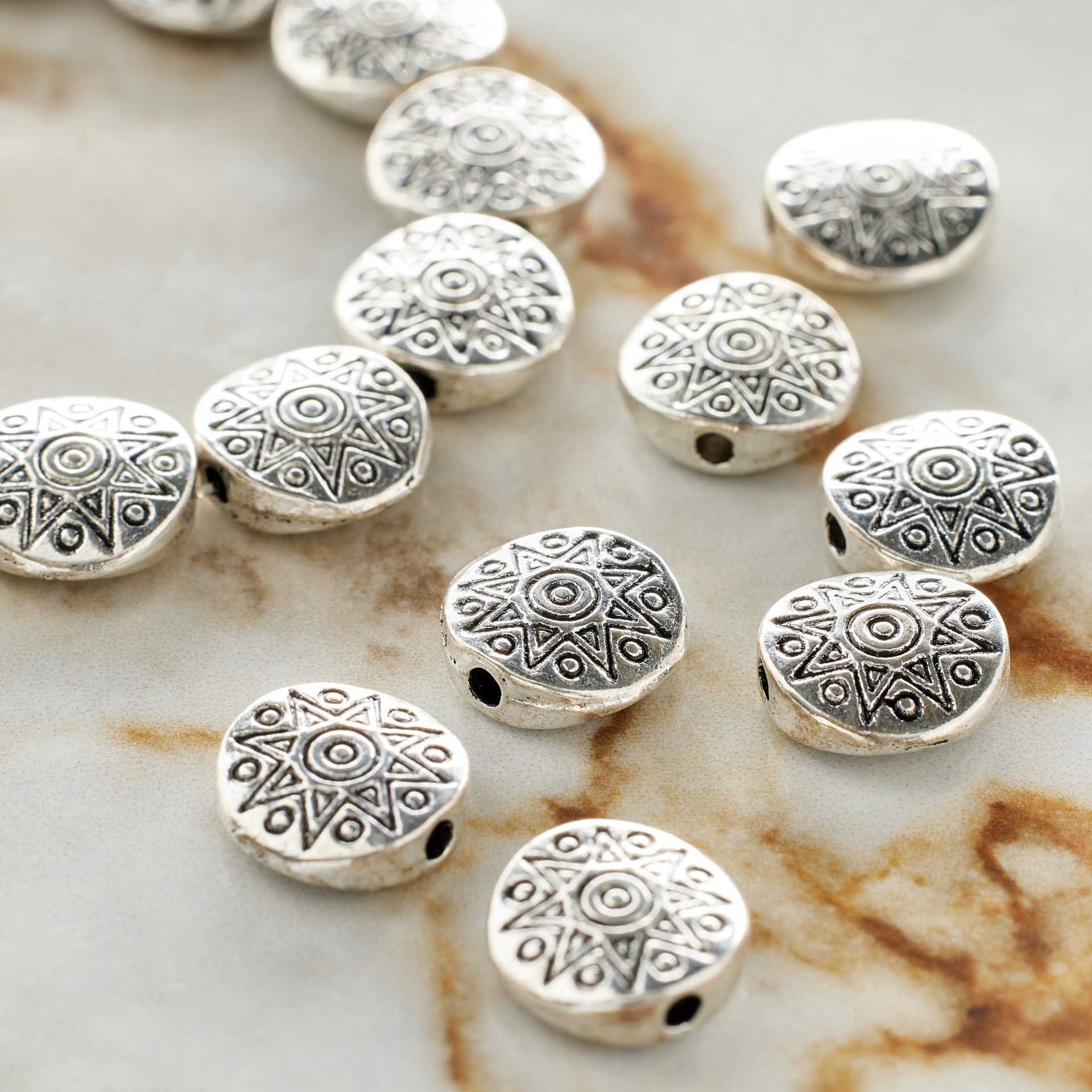 slide 2 of 3, Antique Silver Carved Lentil Beads, 10mm By Bead Landing, 10mm