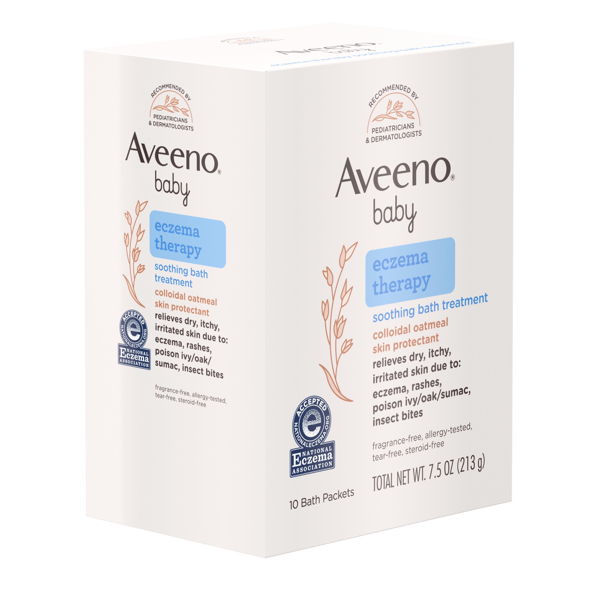 slide 2 of 9, Aveeno Eczema Therapy Soothing Bath Treatment for Relief of Dry, Itchy & Irritated Skin, Made with Natural Colloidal Oatmeal, Fragrance-, Paraben-, Steroid- & Tear-Free, 10 ct, 7.5 oz