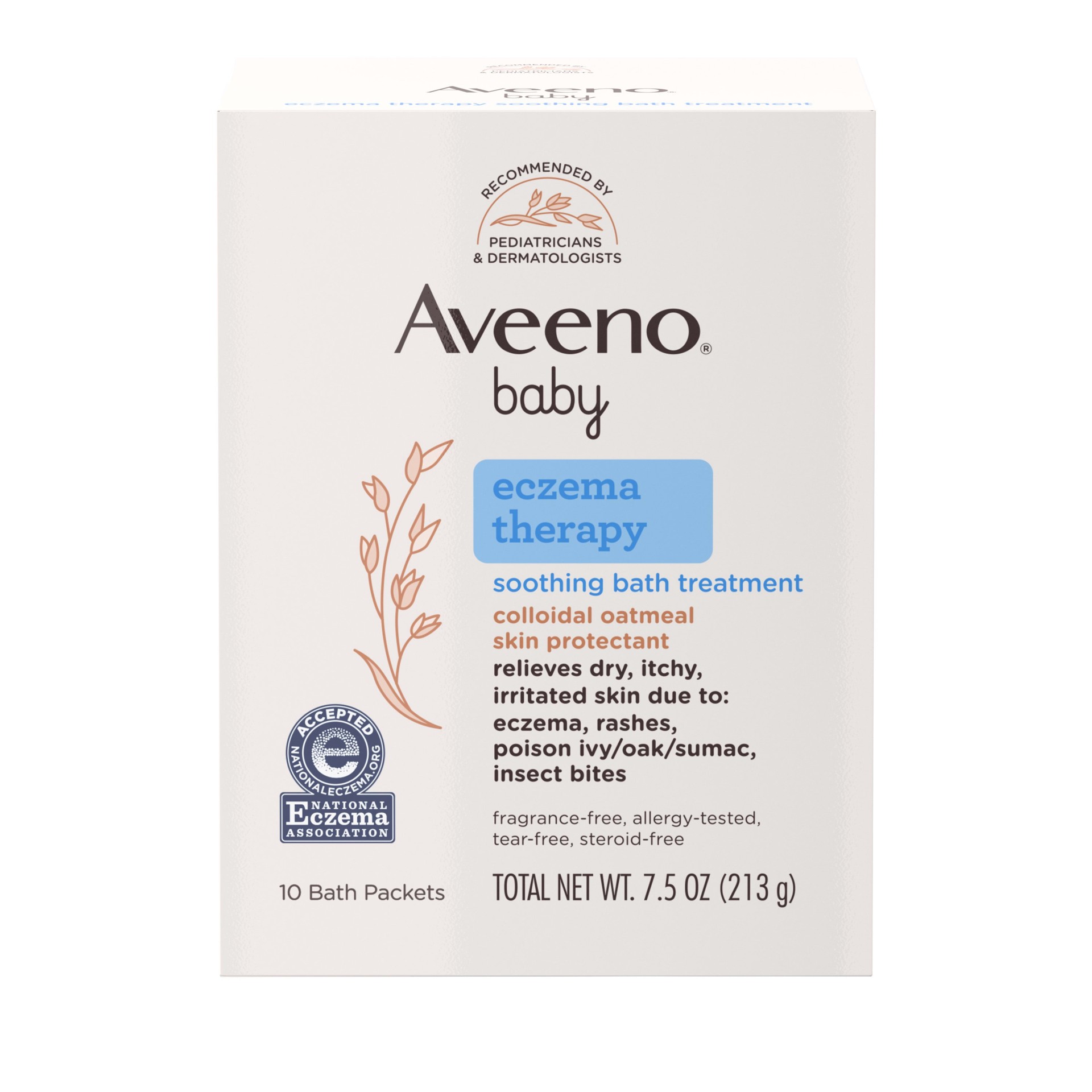 slide 1 of 9, Aveeno Eczema Therapy Soothing Bath Treatment for Relief of Dry, Itchy & Irritated Skin, Made with Natural Colloidal Oatmeal, Fragrance-, Paraben-, Steroid- & Tear-Free, 10 ct, 7.5 oz