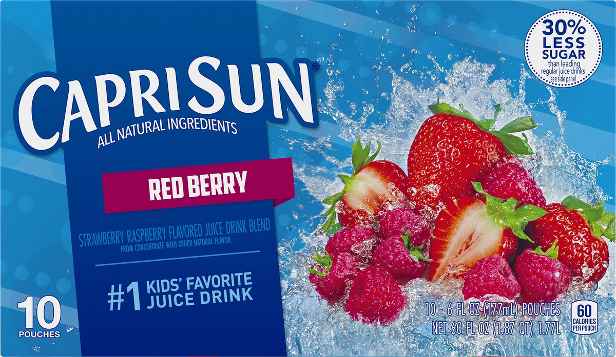 slide 1 of 5, Capri Sun Red Berry Strawberry Raspberry Naturally Flavored Juice Drink Blend, 10 ct Box, 6 fl oz Pouches, 10 ct; 6 fl oz