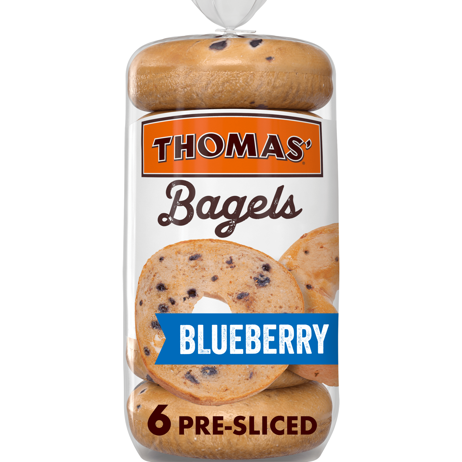 slide 1 of 9, Thomas' Blueberry Bagels, 6 count, Soft Pre-sliced Bagels, 20 oz Bag, 6 ct