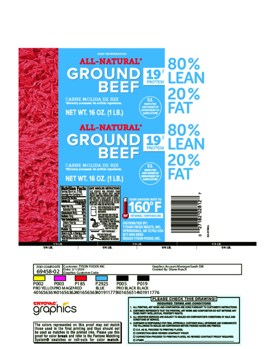slide 2 of 8, Tyson All Natural* 80% Lean/20% Fat Ground Beef Roll, 1 lb, 16 oz