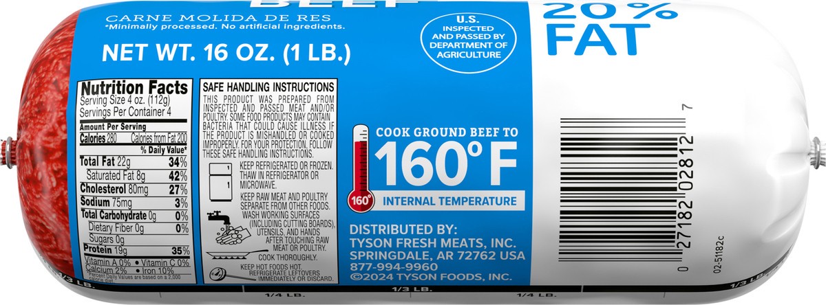 slide 8 of 8, Tyson All Natural* 80% Lean/20% Fat Ground Beef Roll, 1 lb, 16 oz