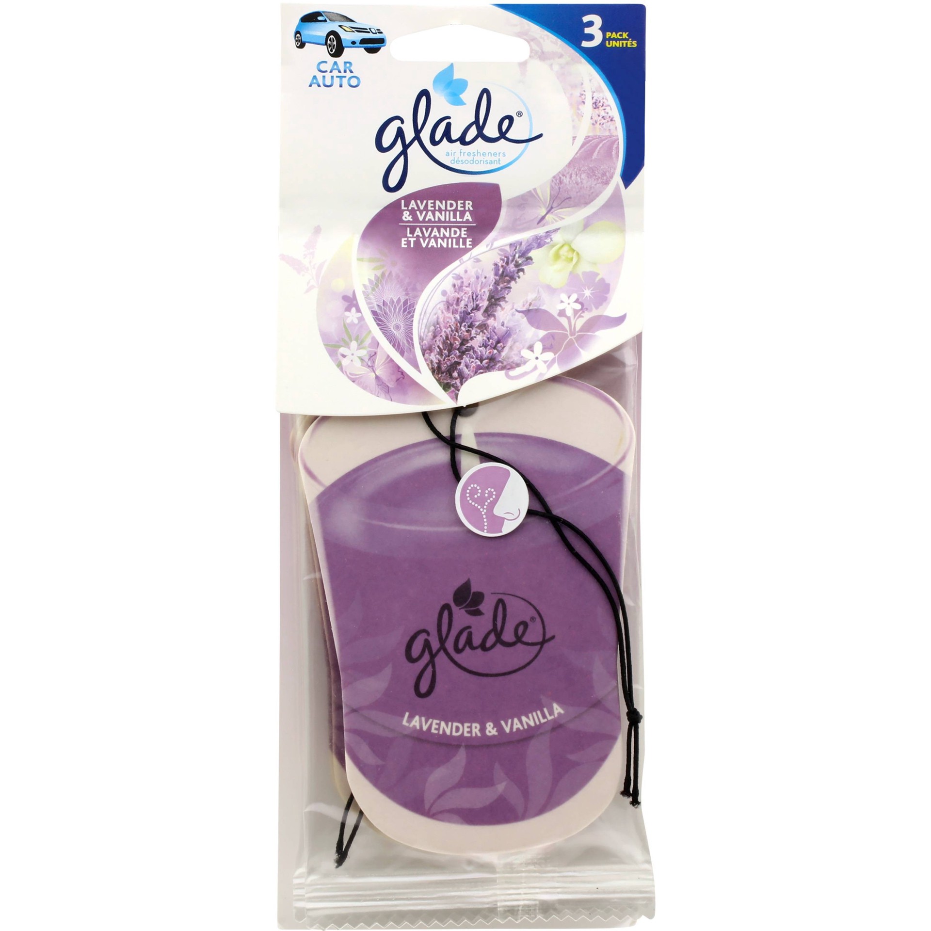 slide 1 of 2, Glade 3pk Car Hanging Paper Lavender Vanilla Air Freshener - 3oz, 3 ct