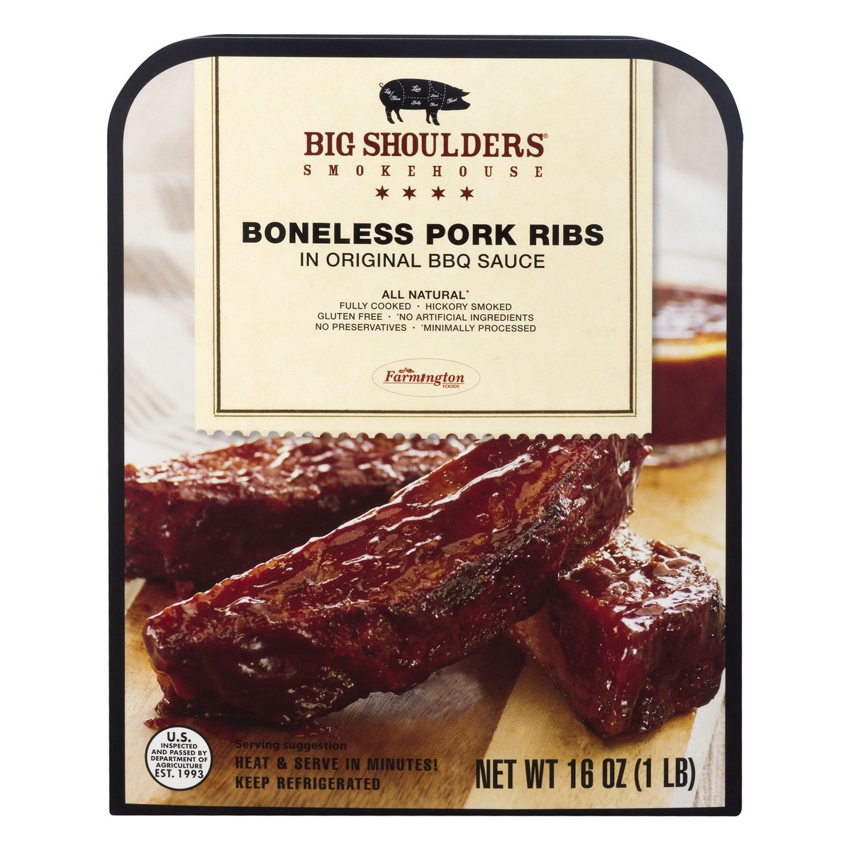 slide 1 of 9, Big Shoulders Smokehouse All Natural Boneless Gluten free Pork Ribs 16.0 oz, 16 oz