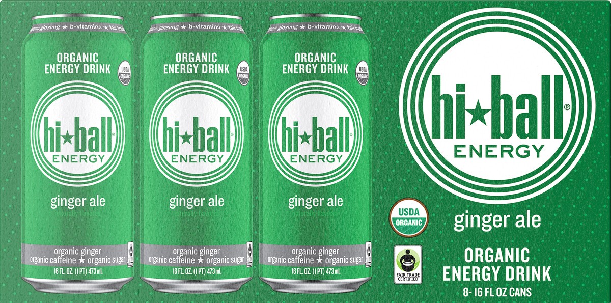 slide 9 of 10, Hiball Energy Ginger Ale Organic Energy Drink 8-16 fl. oz. Can, 128 fl oz