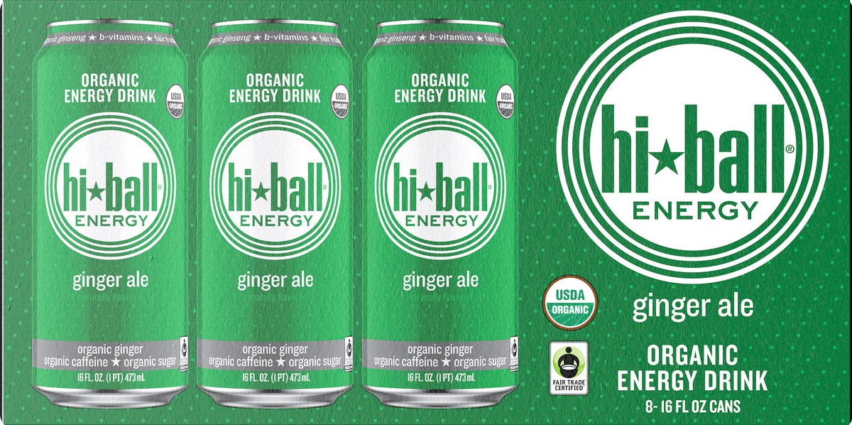 slide 10 of 10, Hiball Energy Ginger Ale Organic Energy Drink 8-16 fl. oz. Can, 128 fl oz