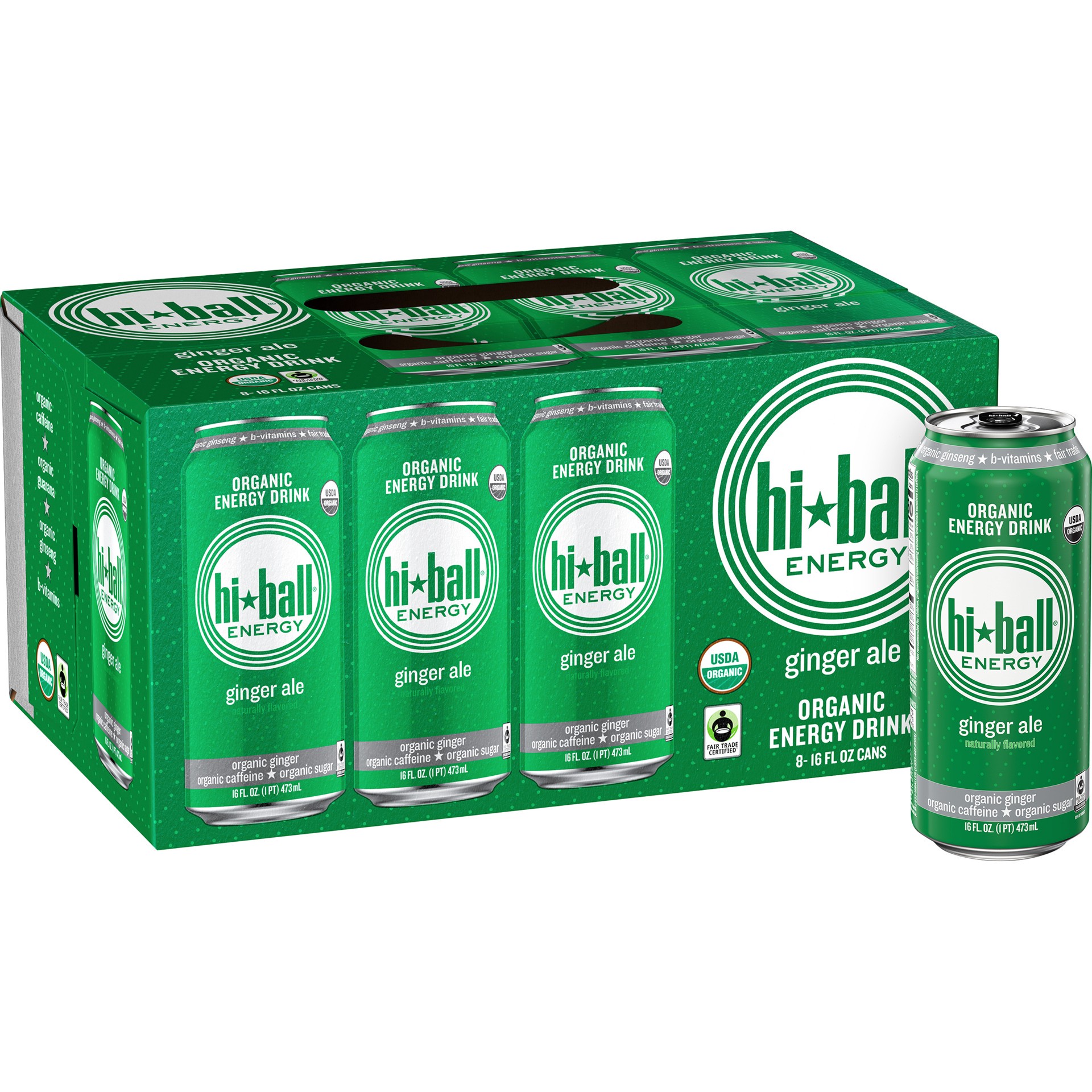 slide 1 of 10, Hiball Energy Ginger Ale Organic Energy Drink 8-16 fl. oz. Can, 128 fl oz