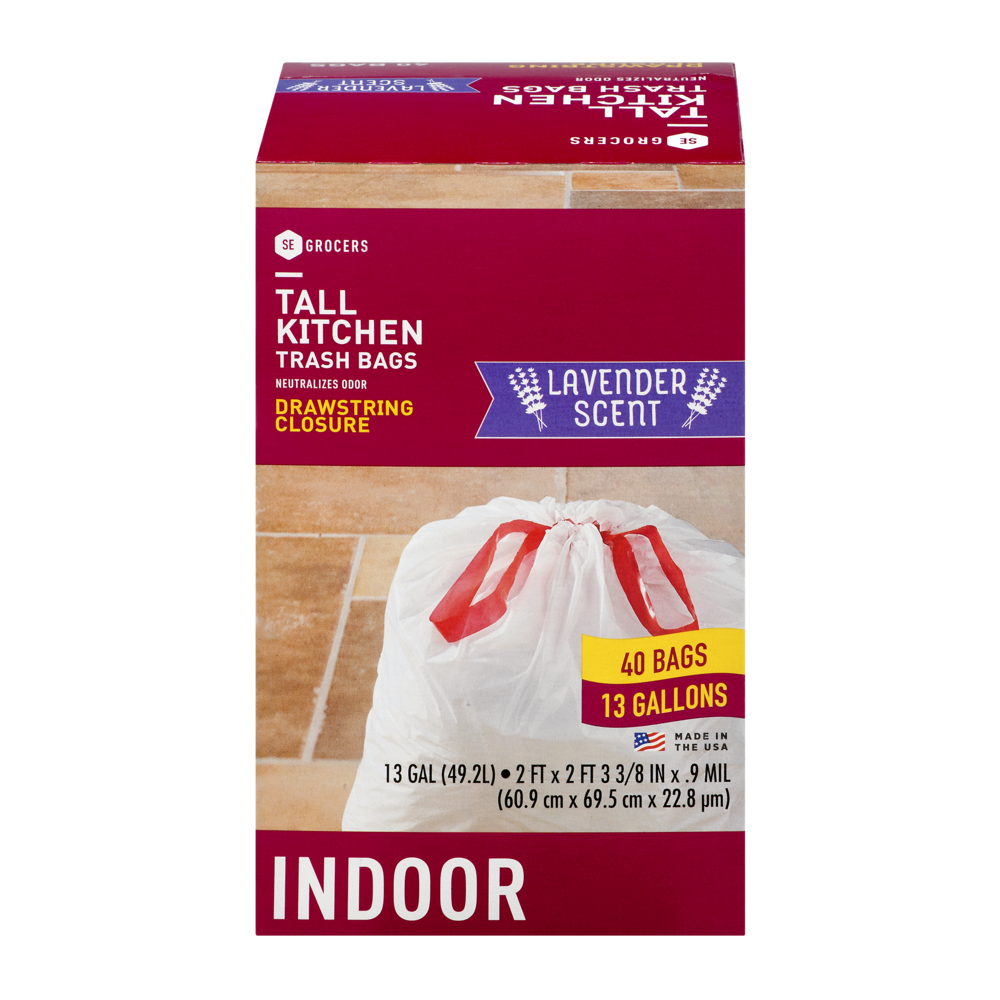 slide 1 of 1, SE Grocers Tall Kitchen Trash Bags Drawstring Closure Indoor Lavender Scent - 40 CT, 40 ct