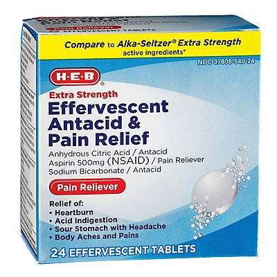 slide 1 of 1, H-E-B Extra Strength Antacid & Pain Relief Effervescent Tablets, 24 ct