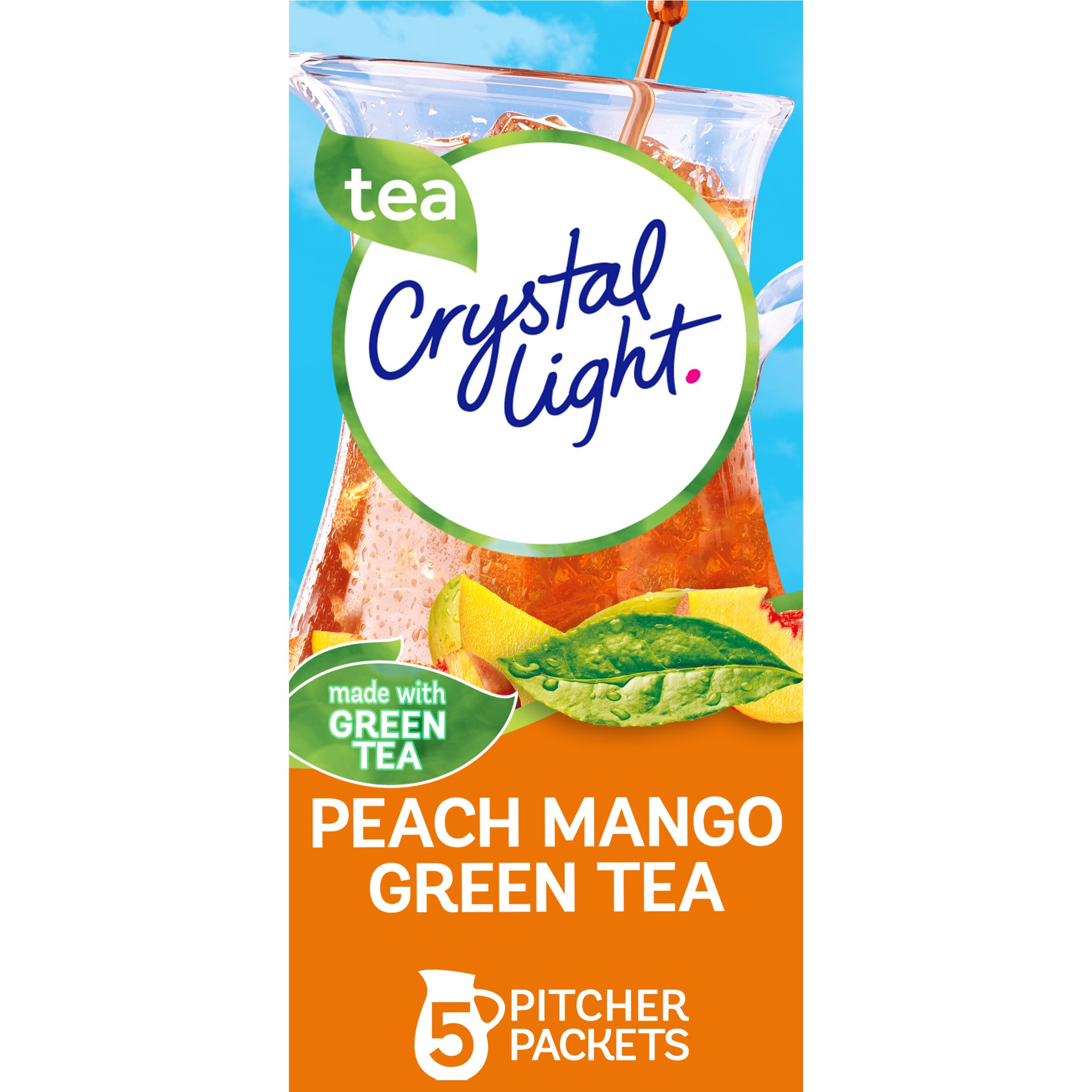 slide 1 of 9, Crystal Light Peach Mango Green Tea Naturally Flavored Powdered Drink Mix, 5 ct Pitcher Packets, 5 ct