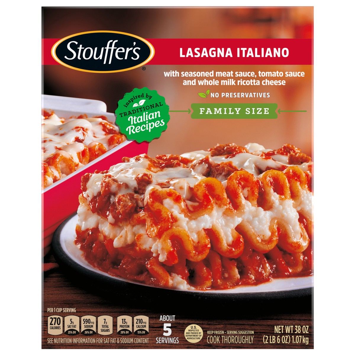slide 1 of 9, Stouffer's Family Size Lasagna Italiano Frozen Meal, 38 oz