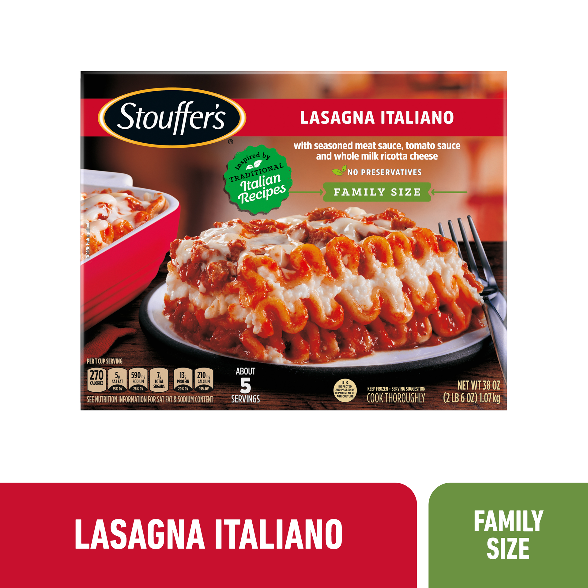 slide 1 of 9, Stouffer's Family Size Lasagna Italiano Frozen Meal, 38 oz