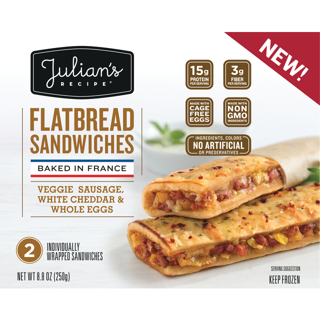 slide 1 of 1, Julian's Recipe Veggie Sausage, White Cheddar & Whole Eggs Flatbread Sandwiches , 8.8 oz