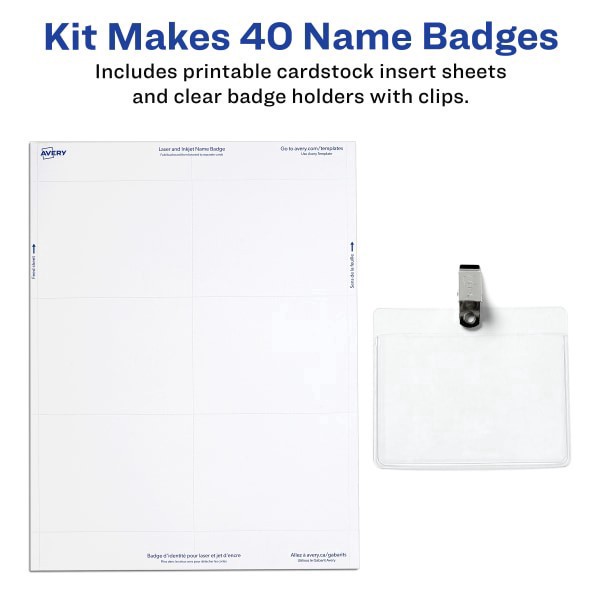 slide 4 of 7, Avery Badge Holder Kit w/Laser/Inkjet Insert, Top Load, 3 x 4, White, 40/Box, 40 ct