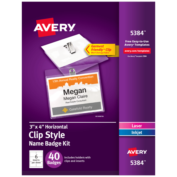 slide 1 of 7, Avery Badge Holder Kit w/Laser/Inkjet Insert, Top Load, 3 x 4, White, 40/Box, 40 ct