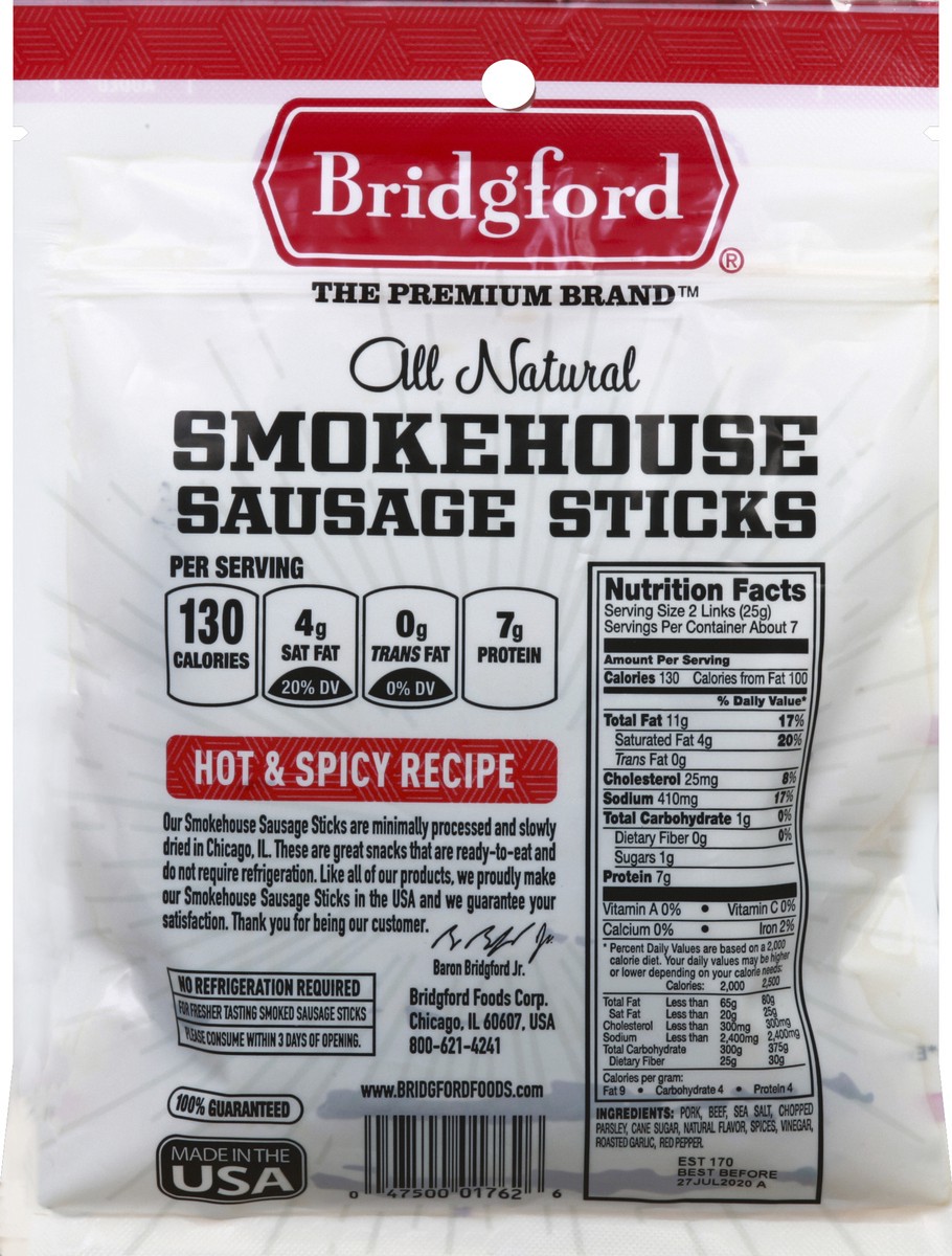 slide 6 of 6, Bridgford Smokehouse Spicy Sausage Sticks, 6 oz