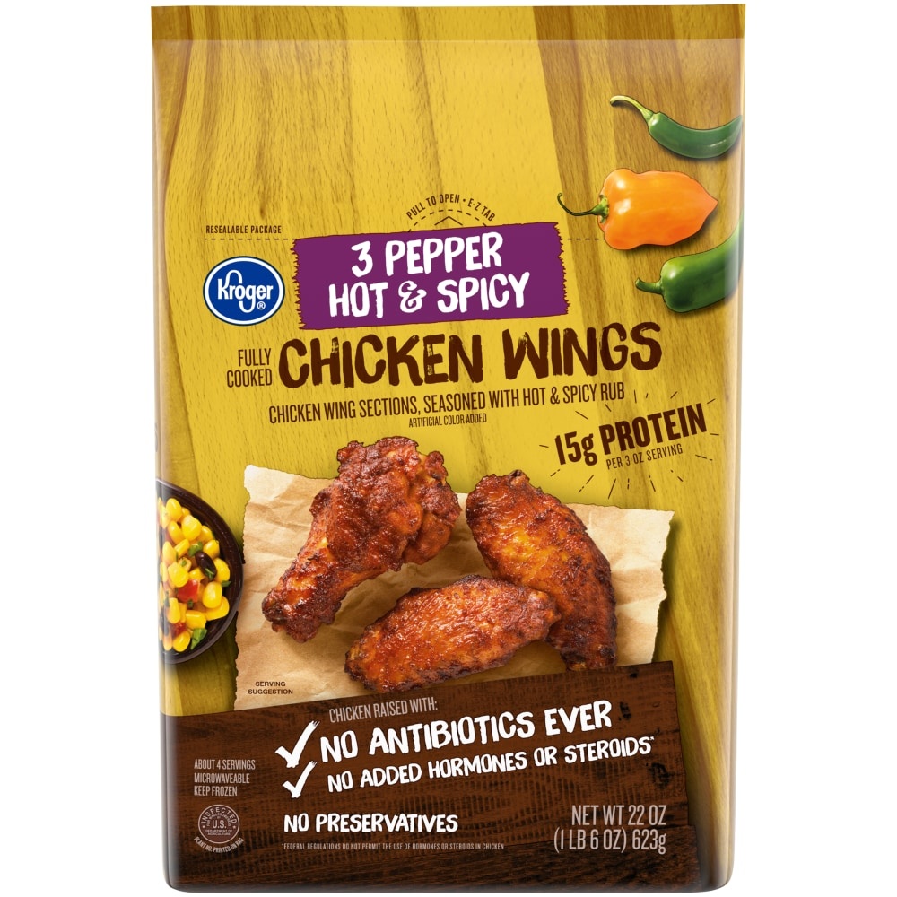 slide 1 of 1, Kroger 3 Pepper Hot & Spicy Fully Cooked Chicken Wings, 22 oz