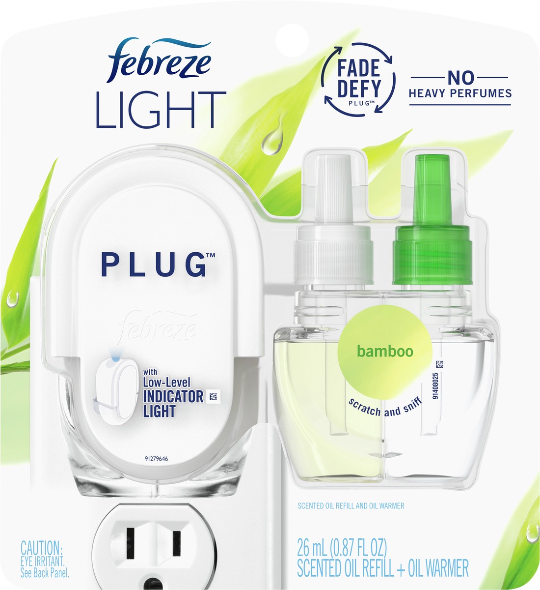 slide 3 of 3, Febreze LIGHT Fade Defy PLUG Air Freshener, Bamboo, Starter Kit & (1) .87 fl. oz. Single Oil Refill, 1 ct