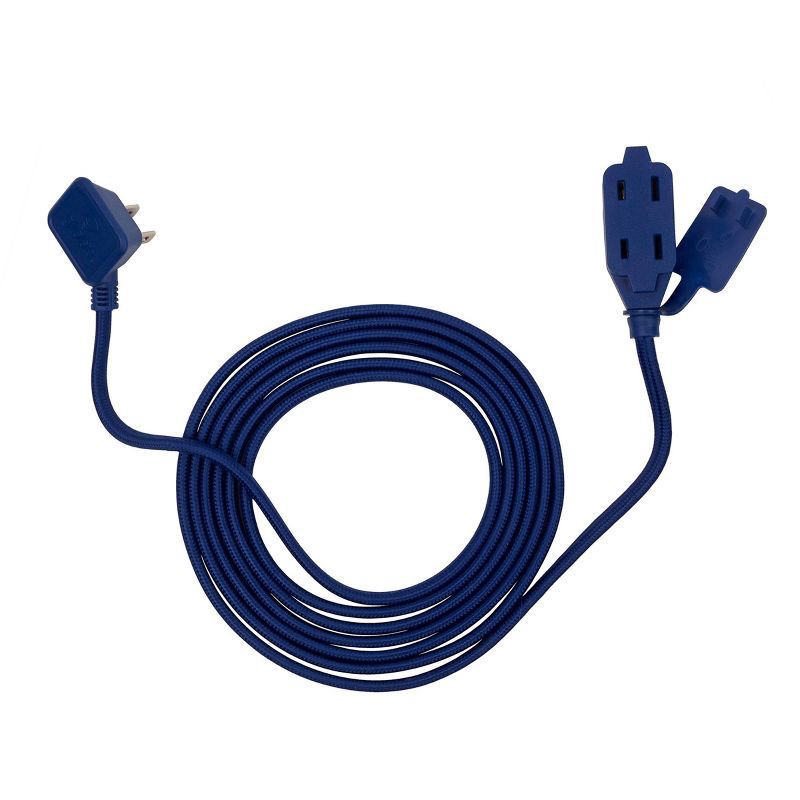 slide 1 of 10, Globe Electric Designer Cord 9 ft, 3 Polarized Outlets, Solid Navy Colored Connectors, Right Angle Plug, 9 ft