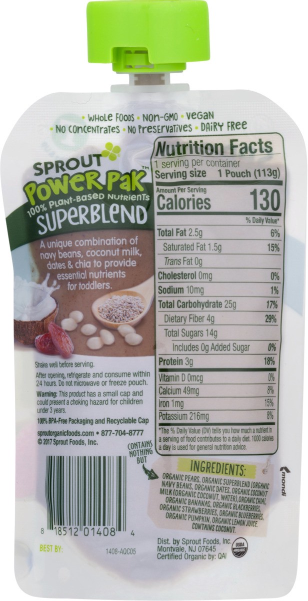 slide 11 of 11, Sprout Organics Power Pak 12+ Months Plant-Based Superblend Mixed with Organic Pear, Berry, & Banana Toddler 4 oz, 4 oz