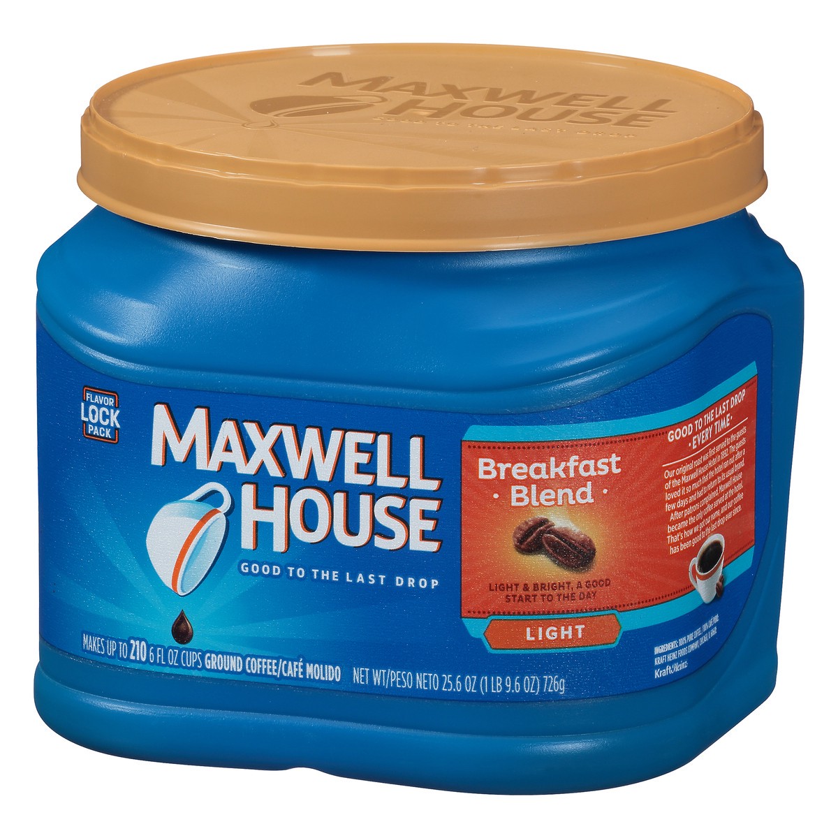 slide 9 of 9, Maxwell House Breakfast Blend Mild Roast Ground Coffee, 25.6 oz Canister, 25.6 oz