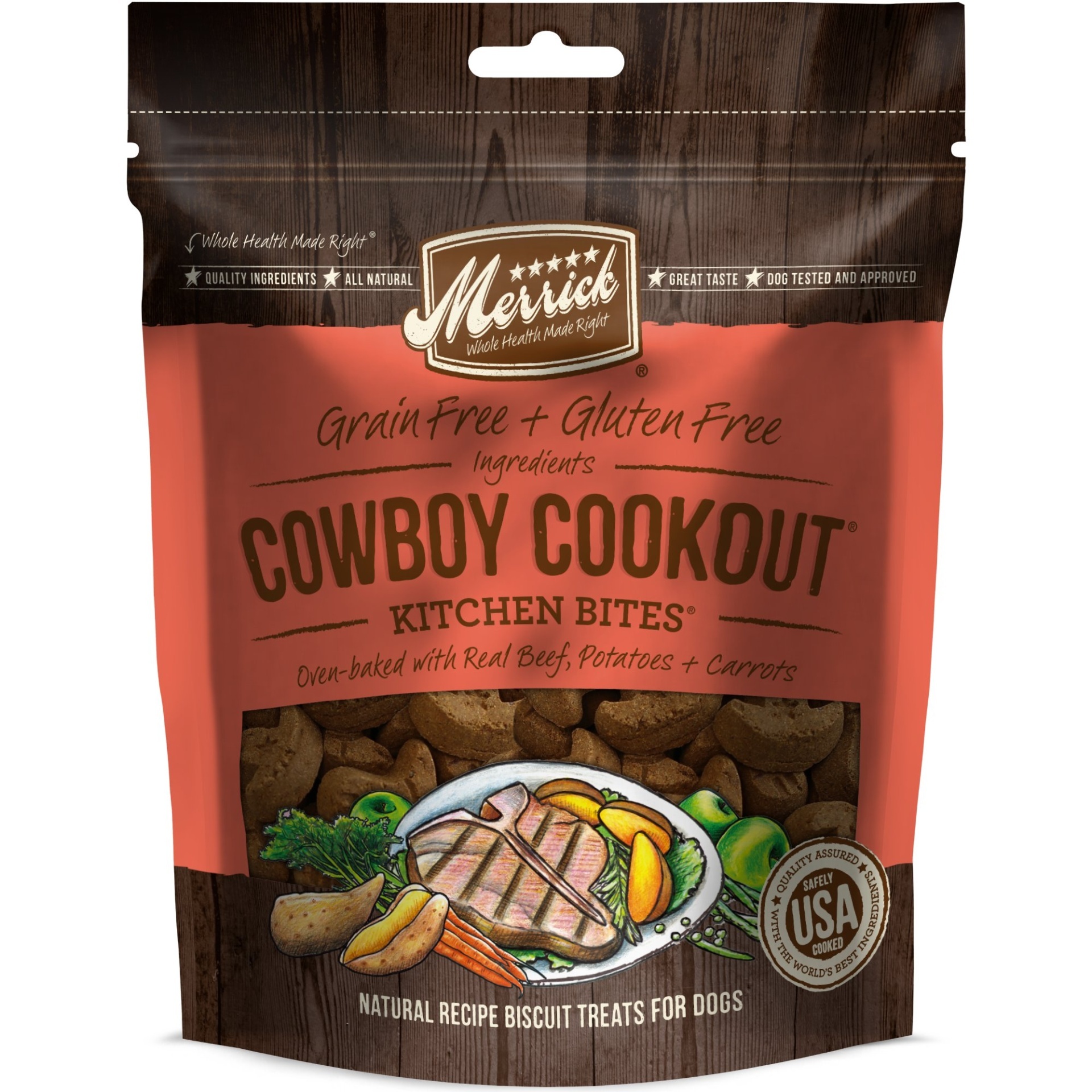 slide 1 of 1, Merrick Grain Free Kitchen Bites Cowboy Cookout Dog Treats, 9 oz