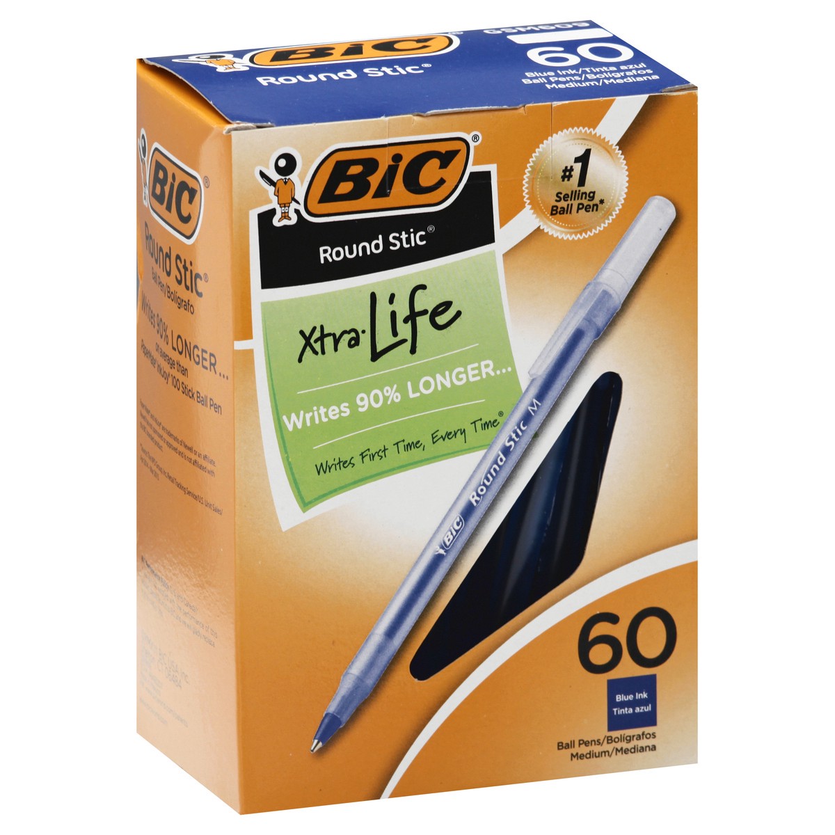 slide 4 of 9, BIC Round Stic Xtra Life Medium Point Ball Pen (1.mm)Box Blue, 60 ct