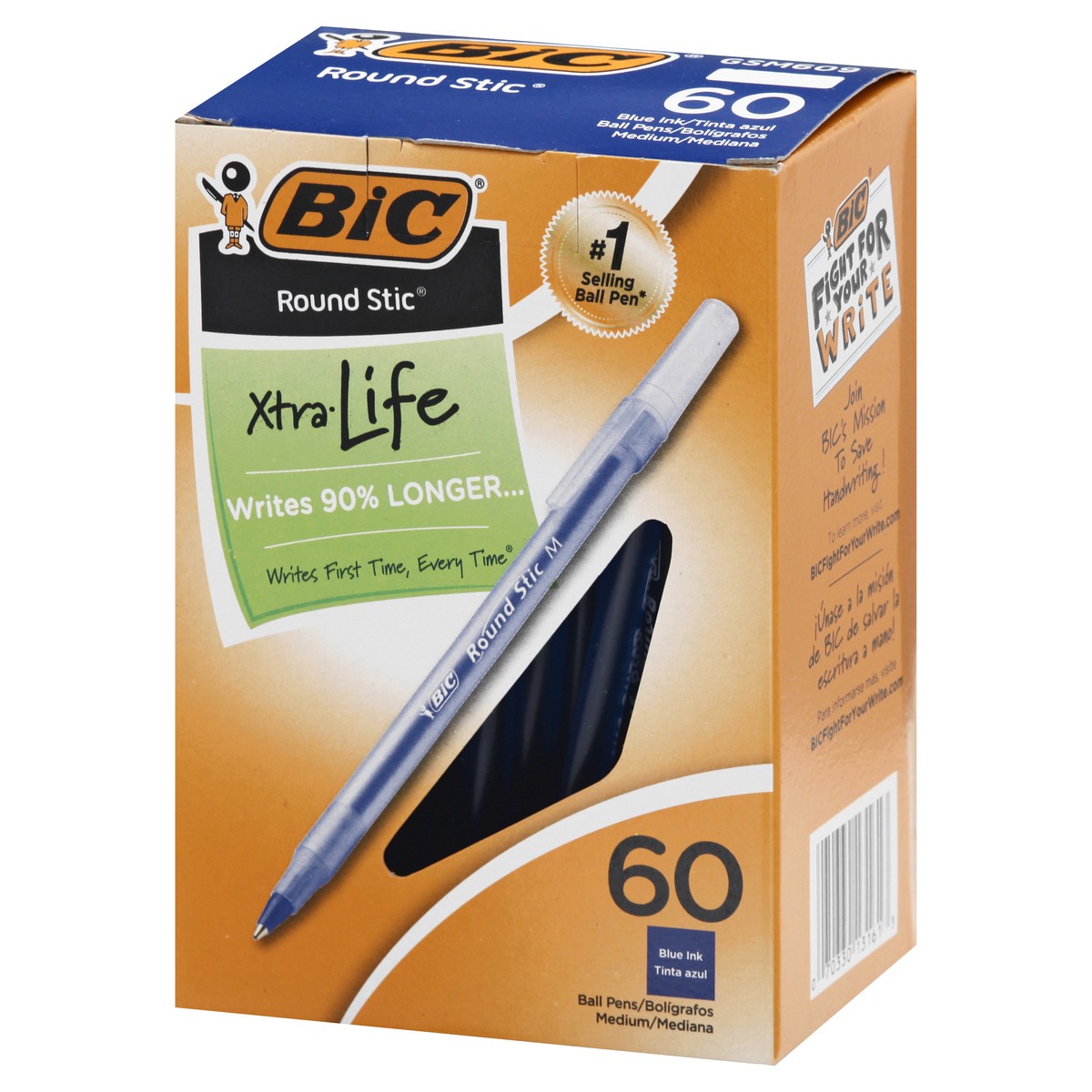 slide 3 of 9, BIC Round Stic Xtra Life Medium Point Ball Pen (1.mm)Box Blue, 60 ct